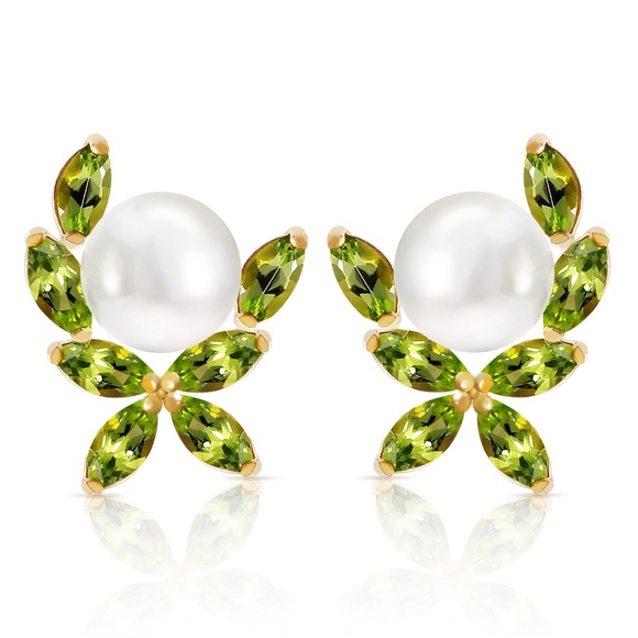 GOLD STUD EARRINGS WITH NATURAL PERIDOTS & PEARLS